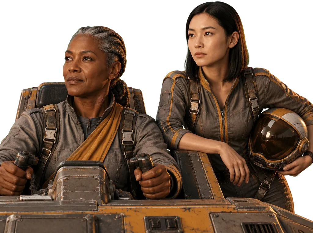 Chidinma Okeke duduk di kemudi dengan pita oker di bahu; Baek Soo-min bersandar di panel yang sama sambil memeluk helm.